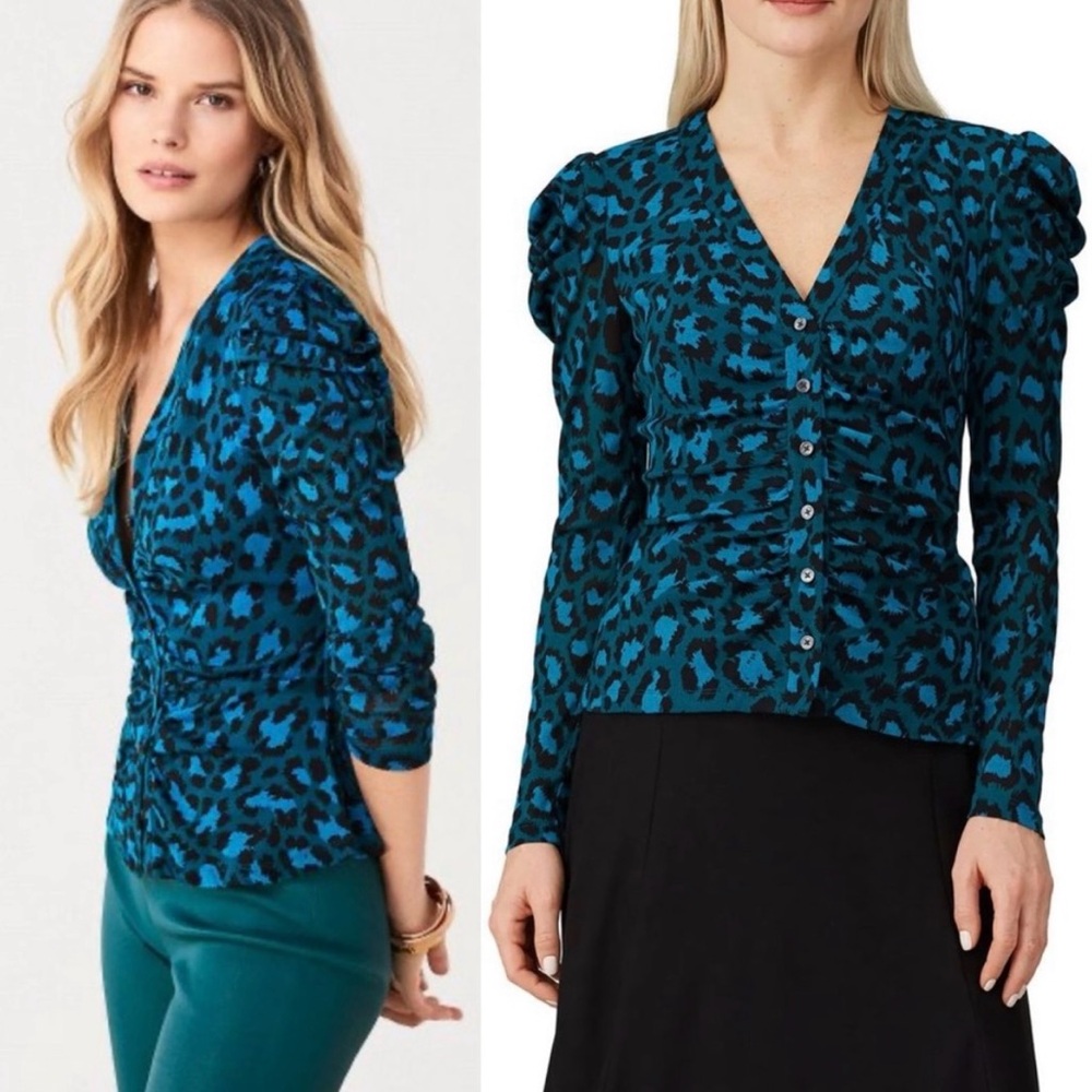 Diane Von Furstenberg Gladys Mesh Leopard Ruched Puff Sleeve Button Front Top